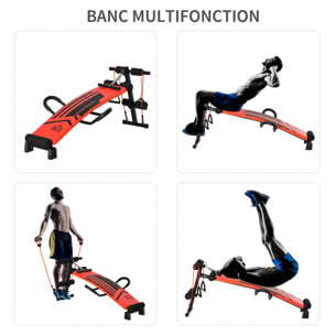 Banc de musculation pliable réglable - 2 bandes de résistance, ressort central traction, 2 poignées - acier PU rouge noir