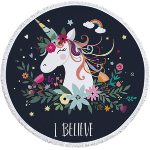 Toalla redonda 150cms 205 GSM. Diseño I Believe - Unicornio.