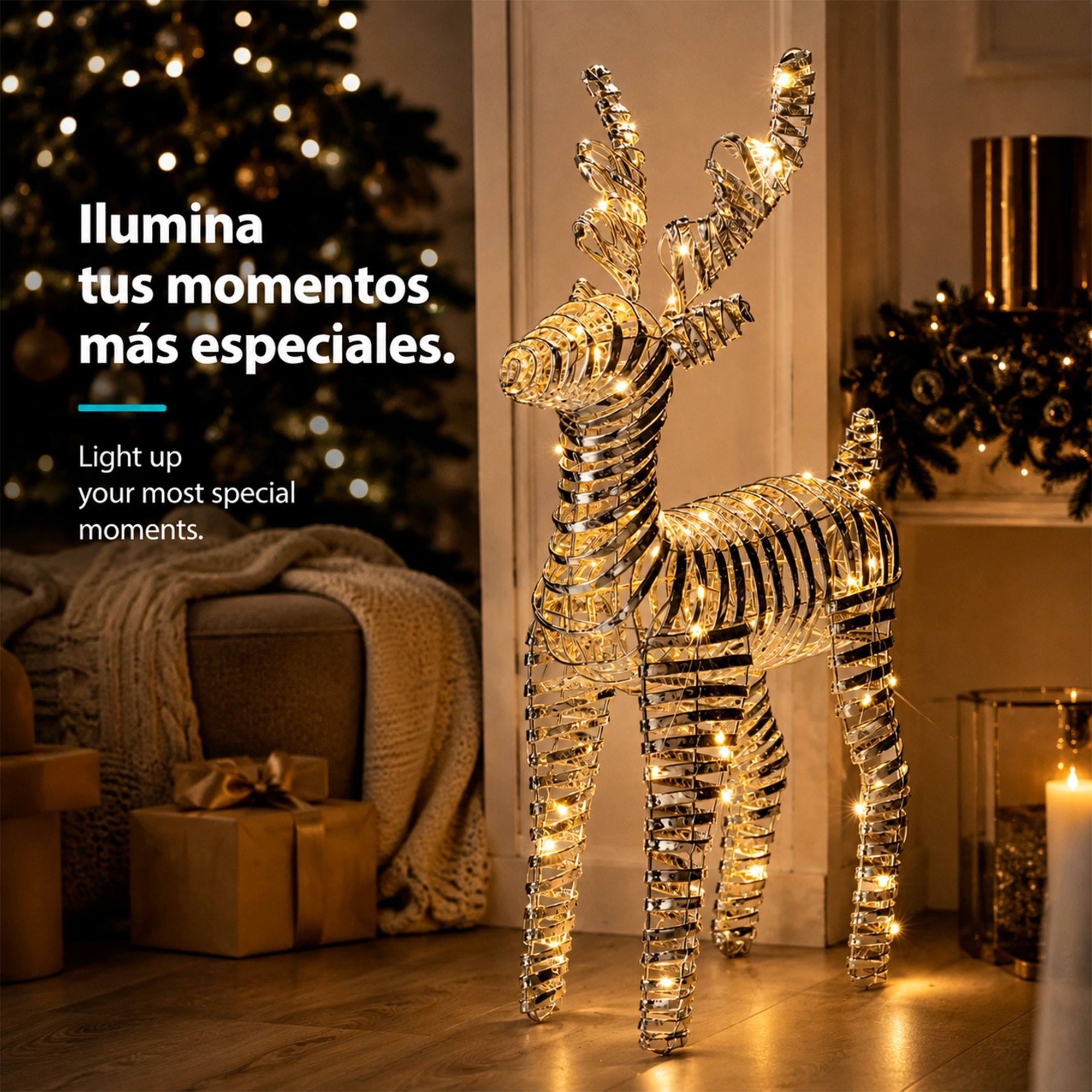 Reno navideño led plateado con 60 microled blanco cálido, con temporizador 36x14x60 cm
