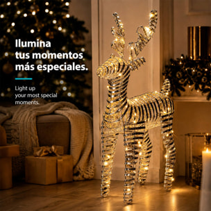 Reno navideño led plateado con 60 microled blanco cálido, con temporizador 36x14x60 cm