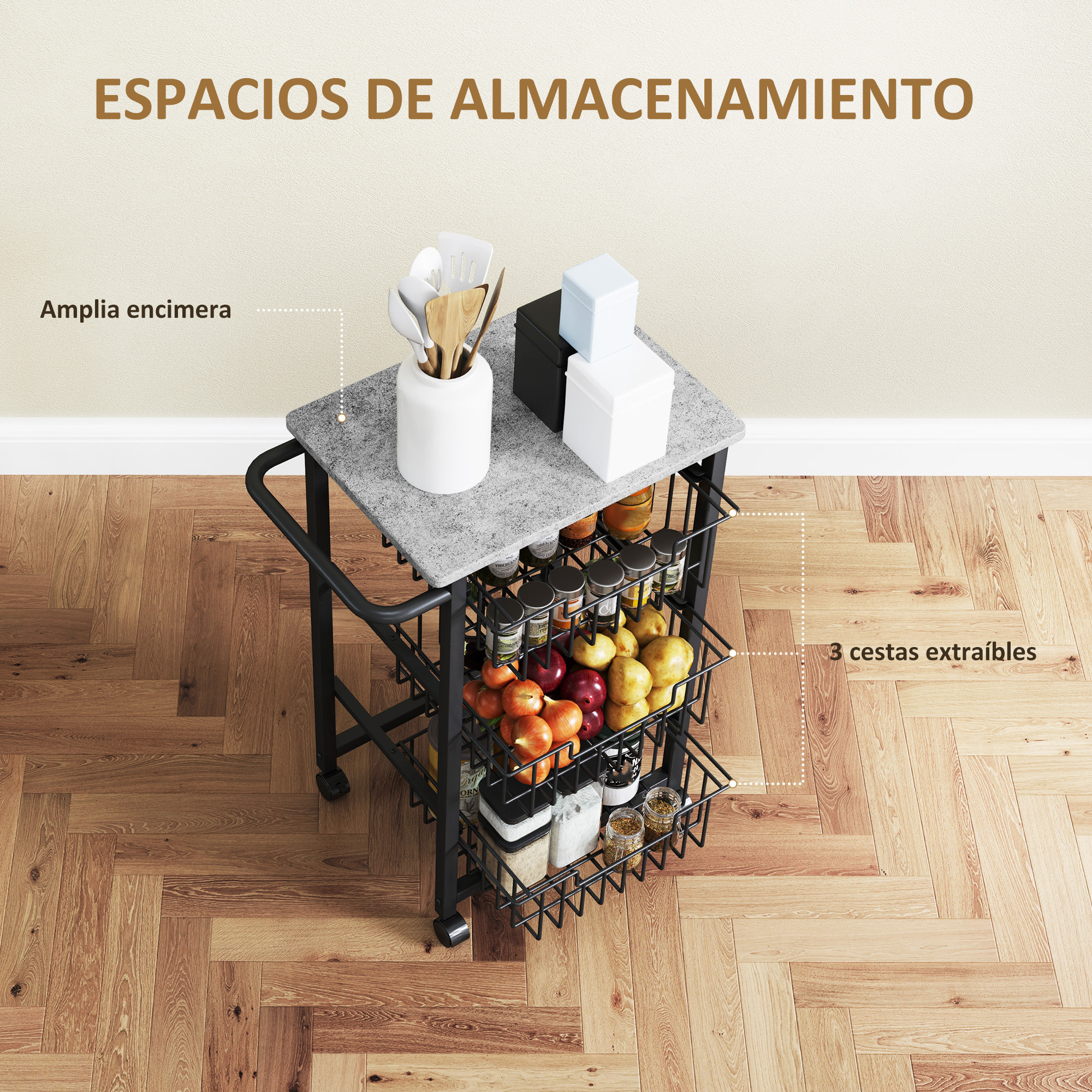 Carrito de Cocina Carrito Verdulero para Cocina con 3 Cestas Deslizables y Marco de Acero Carrito Auxiliar con Ruedas para Comedor 49,5x31x69 cm Gris Claro