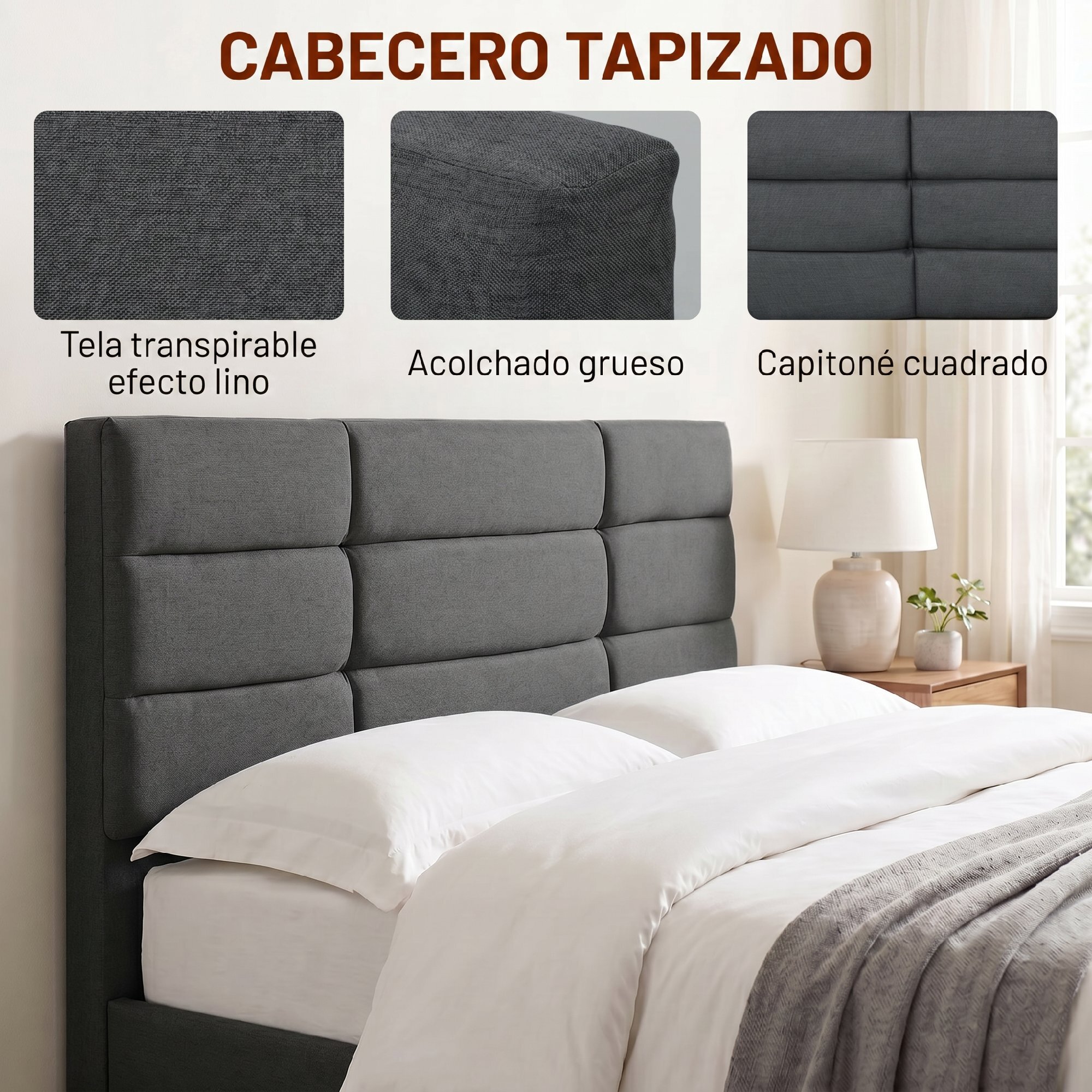 HOMCOM Cama Tapizada 140x200 cm con Cabecero Acolchado de Rejilla y Almacenaje Inferior, Marco de Cama Doble con Láminas de Madera, Diseño Moderno, Fácil Montaje, Gris