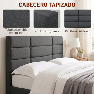 HOMCOM Cama Tapizada 140x200 cm con Cabecero Acolchado de Rejilla y Almacenaje Inferior, Marco de Cama Doble con Láminas de Madera, Diseño Moderno, Fácil Montaje, Gris