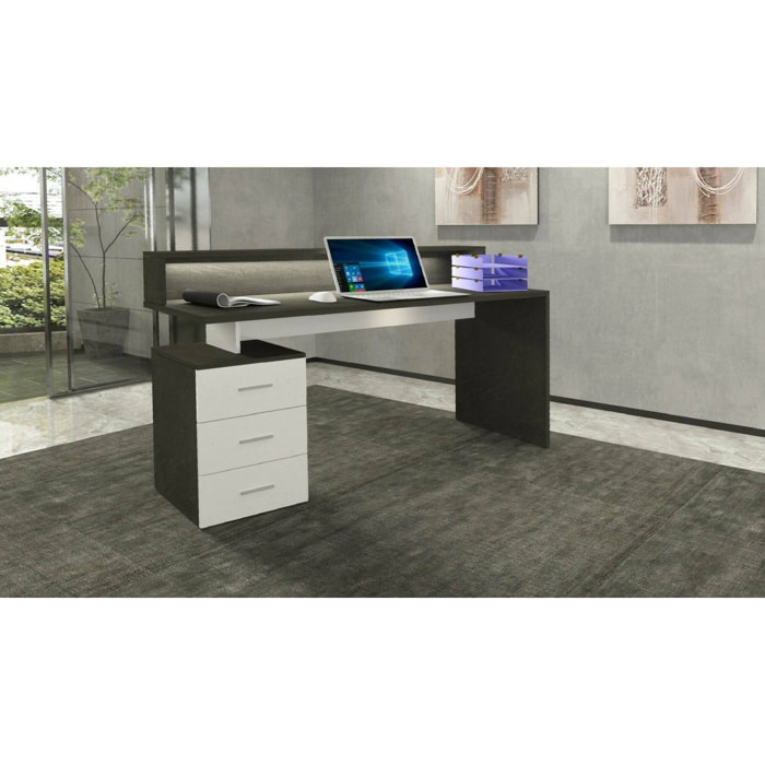 Scrivania Bardi, Scrittoio con sopralzo e luci LED, Scrivania ufficio multiuso, Scrivania salvaspazio, 160x60h90 cm, Bianco e Ardesia