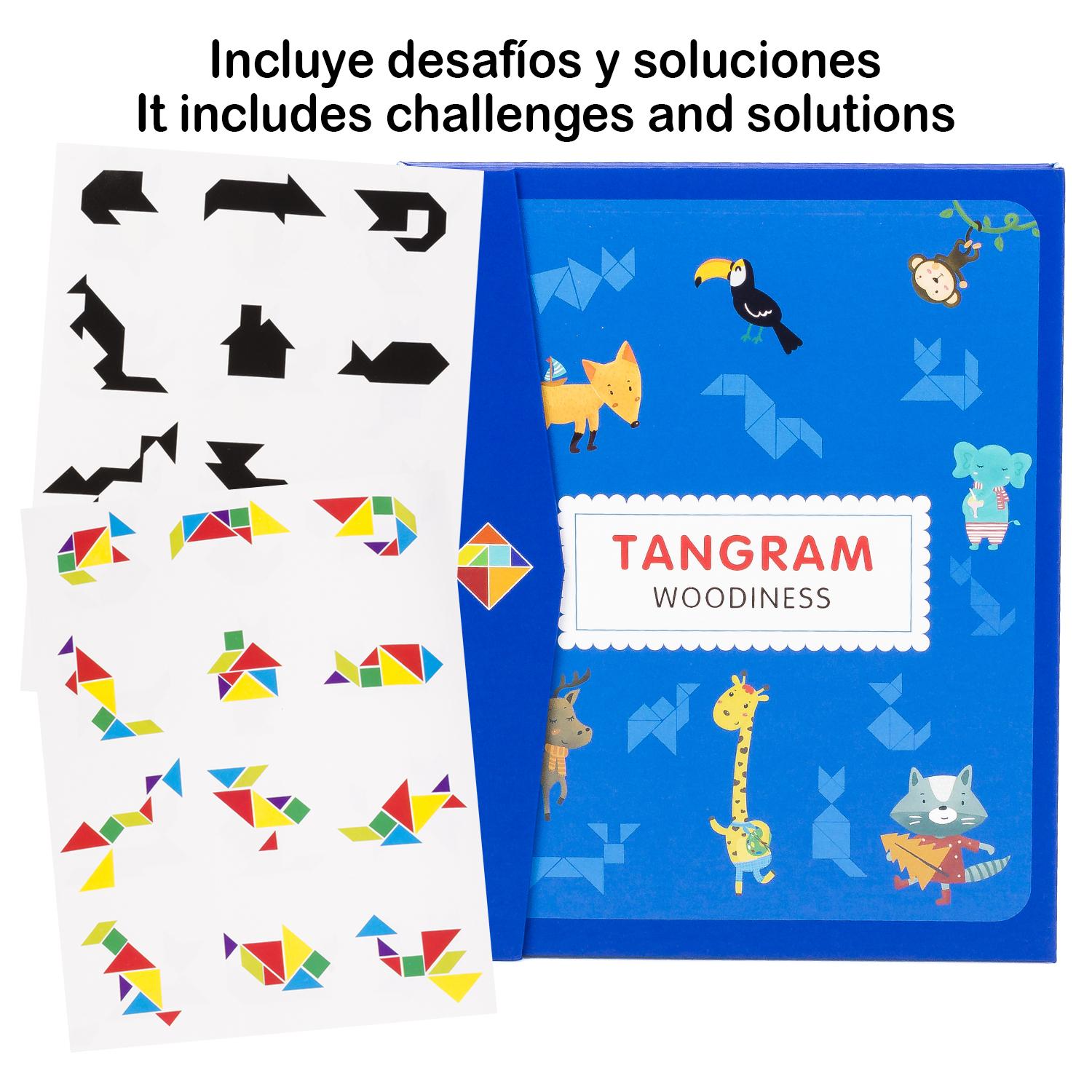 Libro con Tangram magnetico in legno. Include 96 sfide e le loro soluzioni.