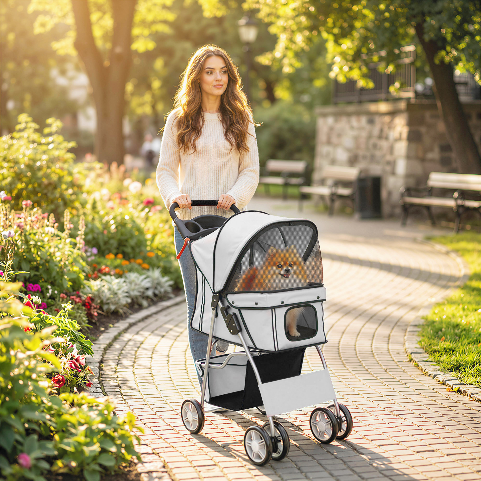 Poussette buggy pliable pour chiens tissu 600D Oxford imperméable 4 roues gris clair