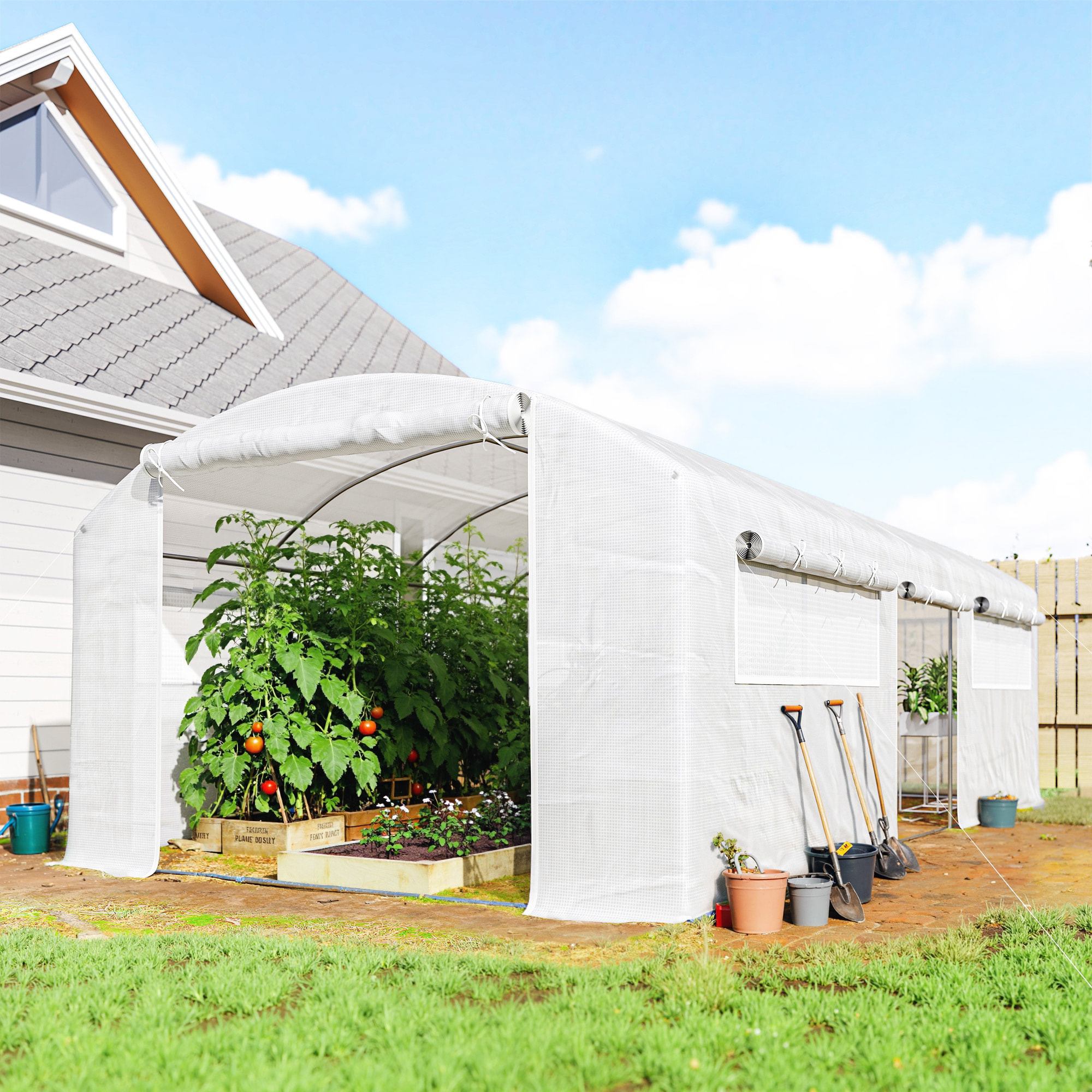 Invernadero de Exterior 6x3x2 m, Invernadero de Túnel con 3 Puertas Enrollables, Ventanas de Malla, Cubierta PE 140g/m² Anti-UV y Marco de Acero Galvanizado, para Cultivos, Plantas, Blanco