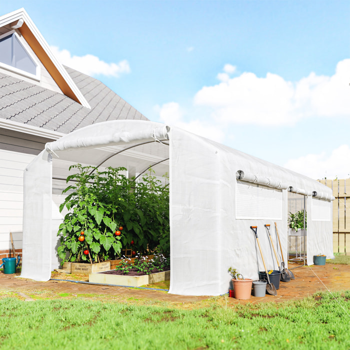 Invernadero de Exterior 6x3x2 m, Invernadero de Túnel con 3 Puertas Enrollables, Ventanas de Malla, Cubierta PE 140g/m² Anti-UV y Marco de Acero Galvanizado, para Cultivos, Plantas, Blanco