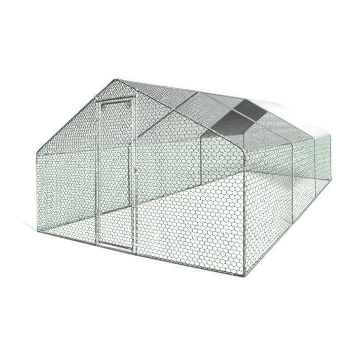 Enclos poulailler - Structure grise / Grillage vert / Filet noir / Brise-soleil blanc