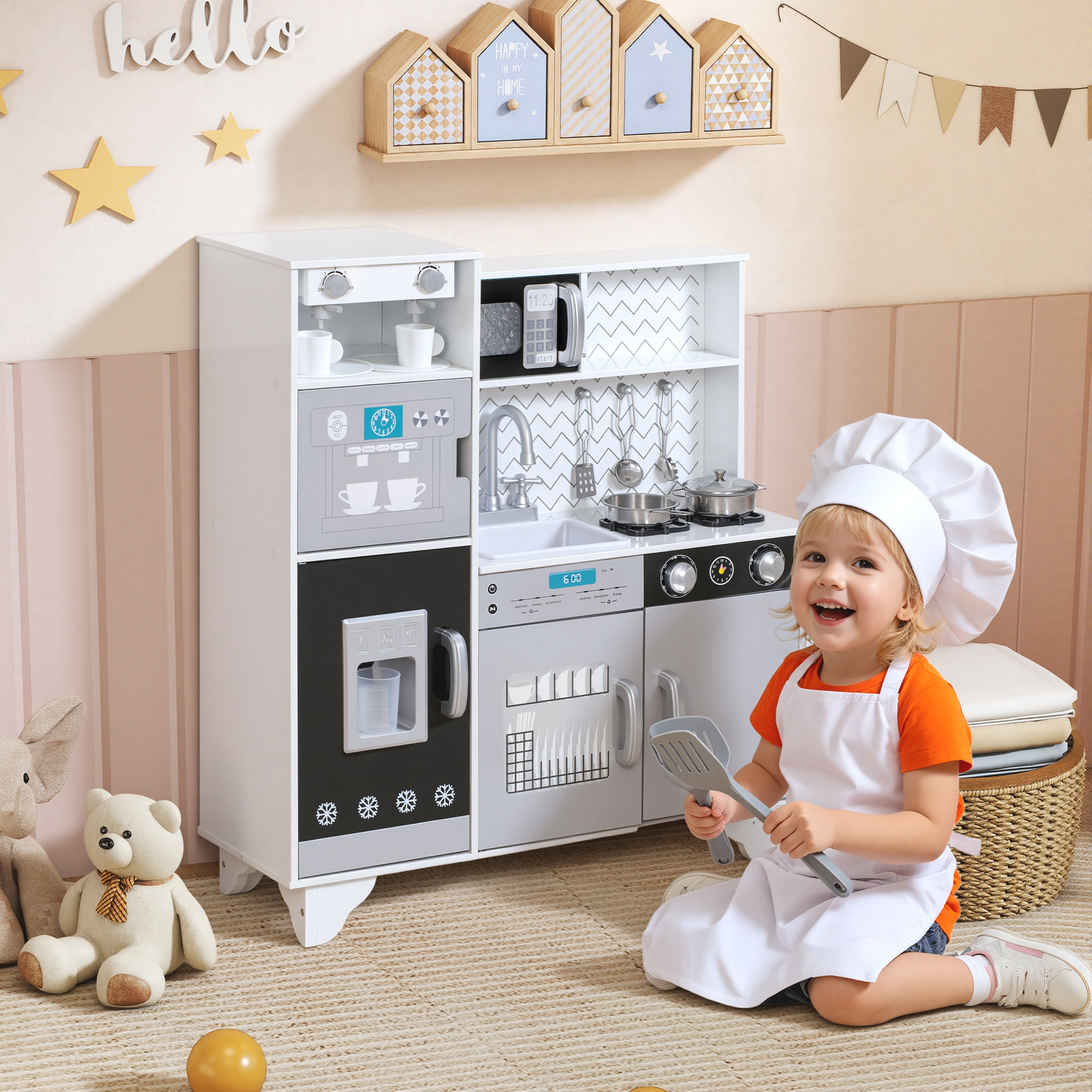Cocina de Juguete de Madera con Sonido, Cocinita Infantil con Accesorios de Acero Inoxidable, Microondas, Máquina de Hielo, Cafetera, Lavavajillas, 79,5x24x83,8 cm, Blanco