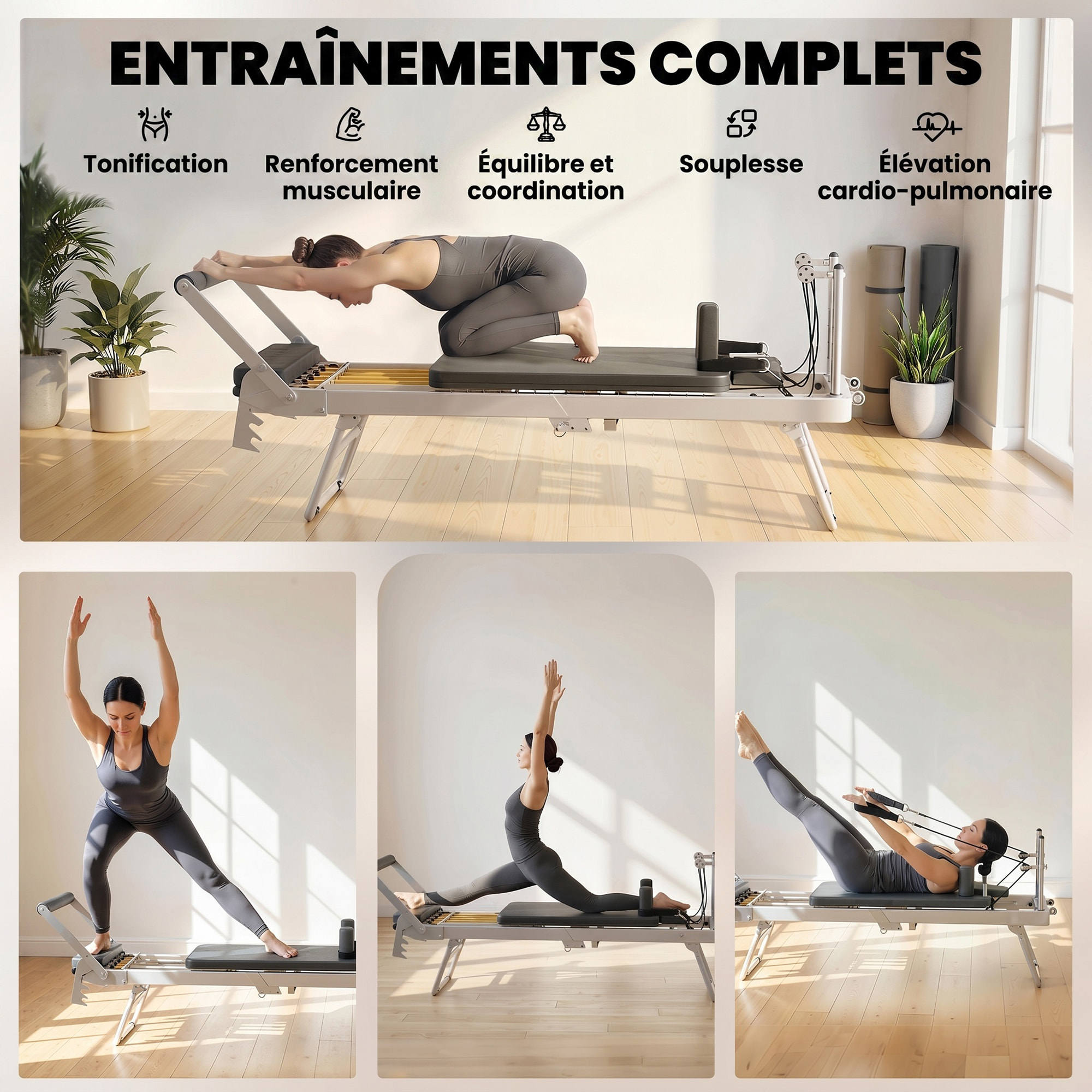 Machine reformer pilates pliable système hybride 4 ressorts acier blanc
