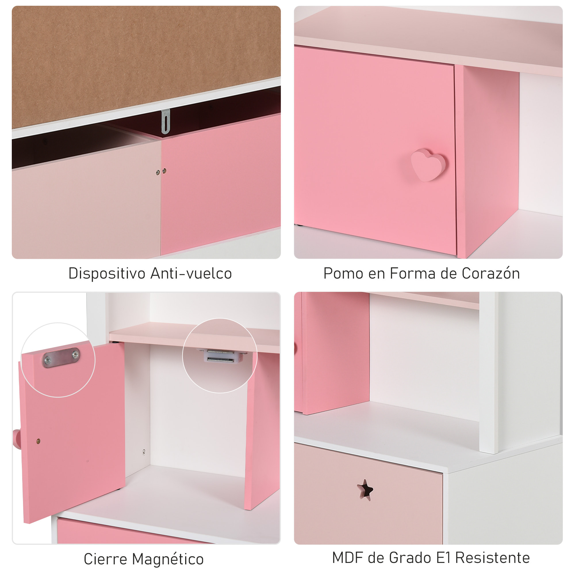 Estantería de Madera Infantil con 4 Compartimentos 1 Puerta 2 Cajones con Ruedas