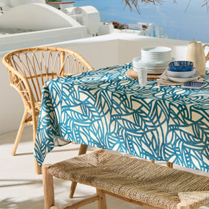 Nappe rectangulaire coton enduit feuillage abstrait - Bleu