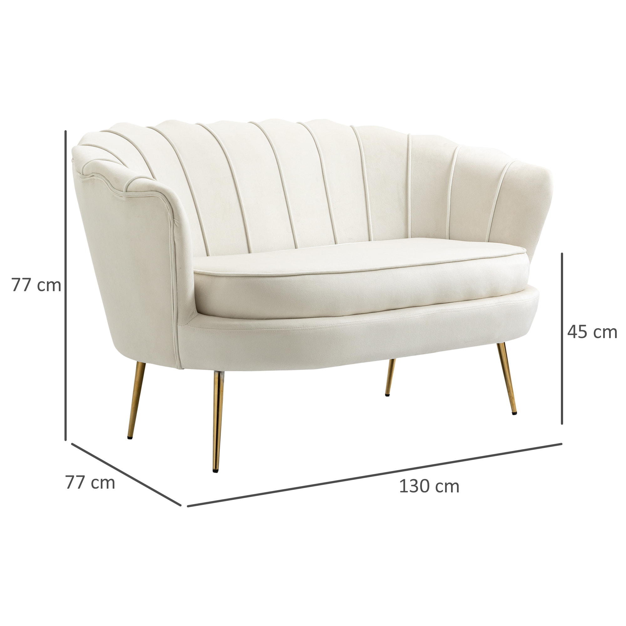 Canapé 2 places coquillage canapé design dim. 130L x 77l x 77H cm pieds dorés effilés velours crème