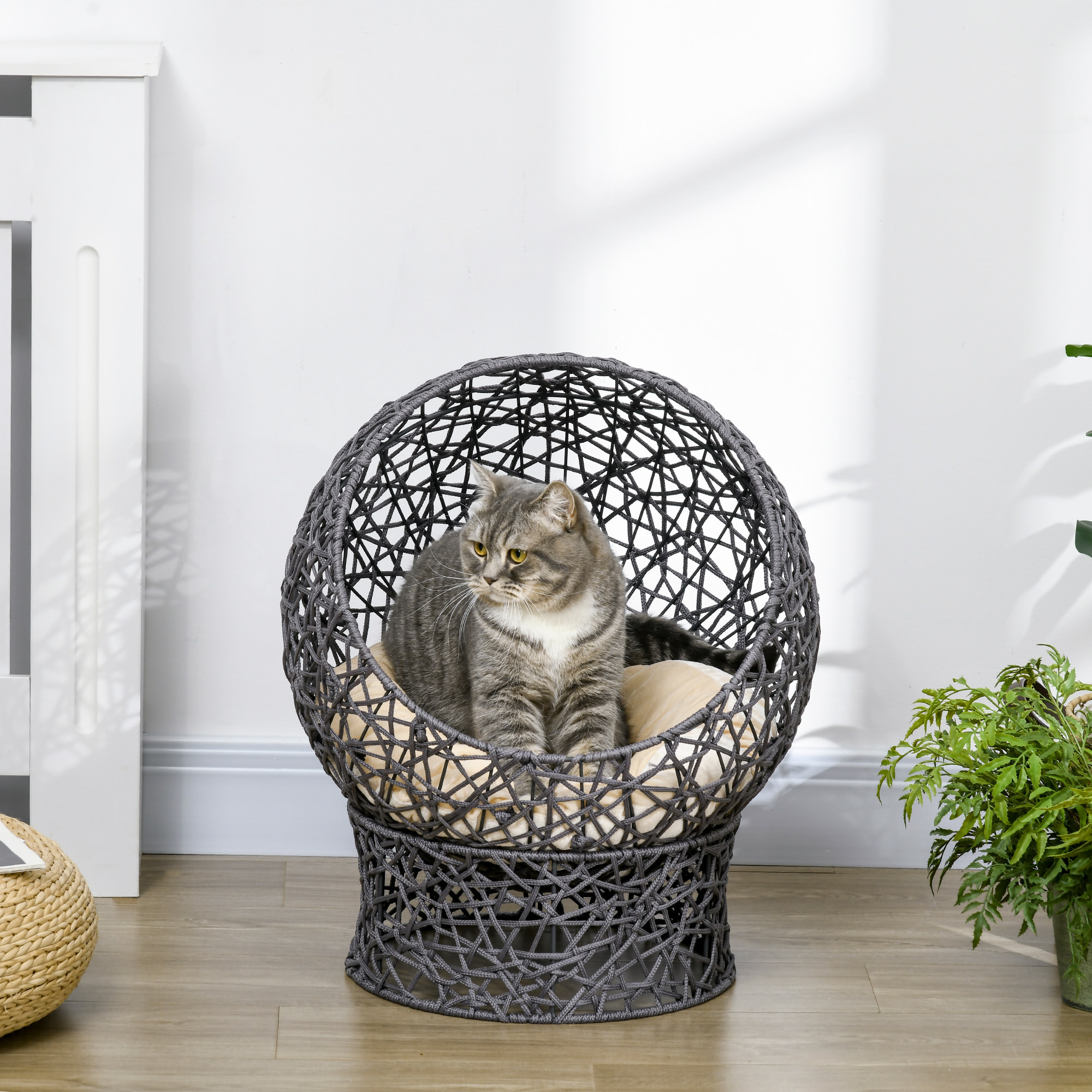 Panier tressé chat gris apia lit chat cosy grand confort dia. 50 x H.60 cm coussin moelleux beige inclus