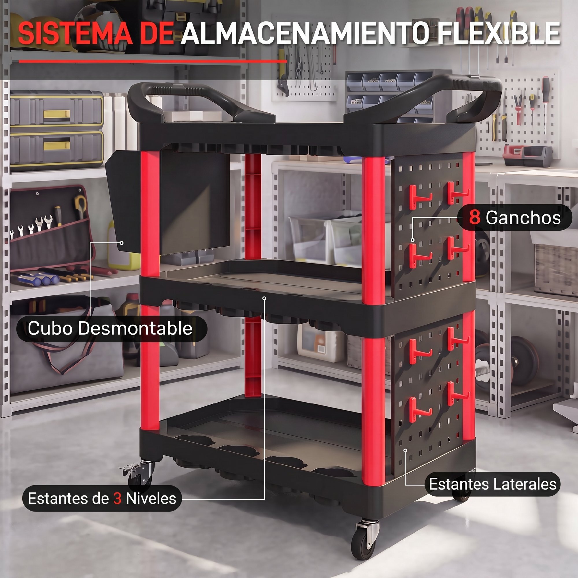 Carro de Taller de 3 Niveles, Carro de Herramientas con Paneles Perforados, Asa Lateral, Ganchos, Cubeta, para Garaje Mecánico, Hogar, Negro y Rojo