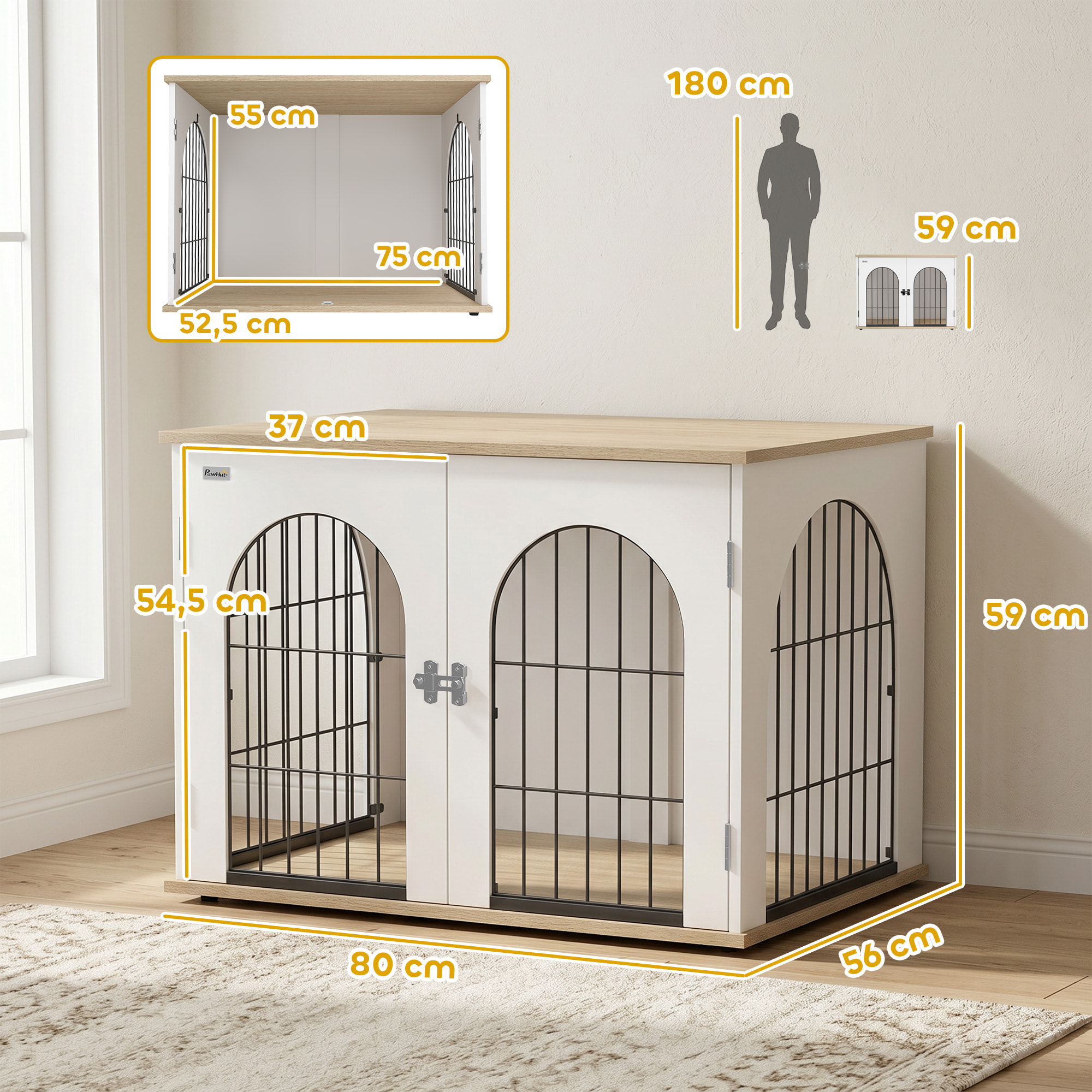 Cage d'intérieur pour chien 80 x 56 x 59 cm 2 portes 2 fenêtres blanc effet bois clair