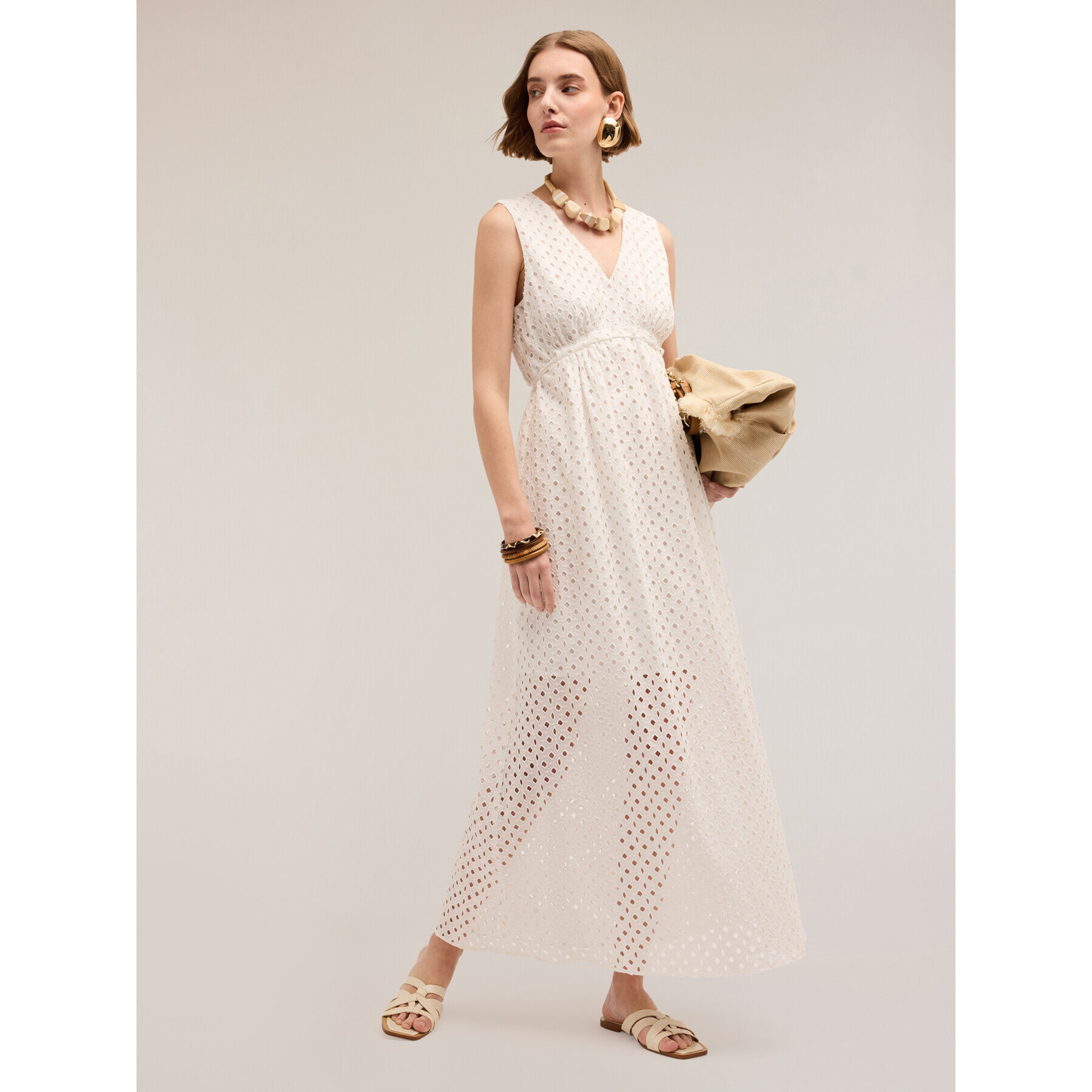 Motivi - Vestido largo de bordado inglés - Blanco