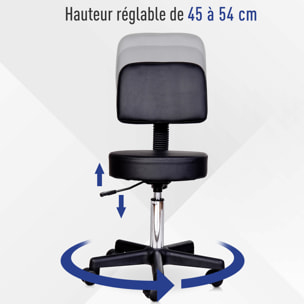 Tabouret massage à roulettes réglable en hauteur pivotant avec dossier ergonomique noir