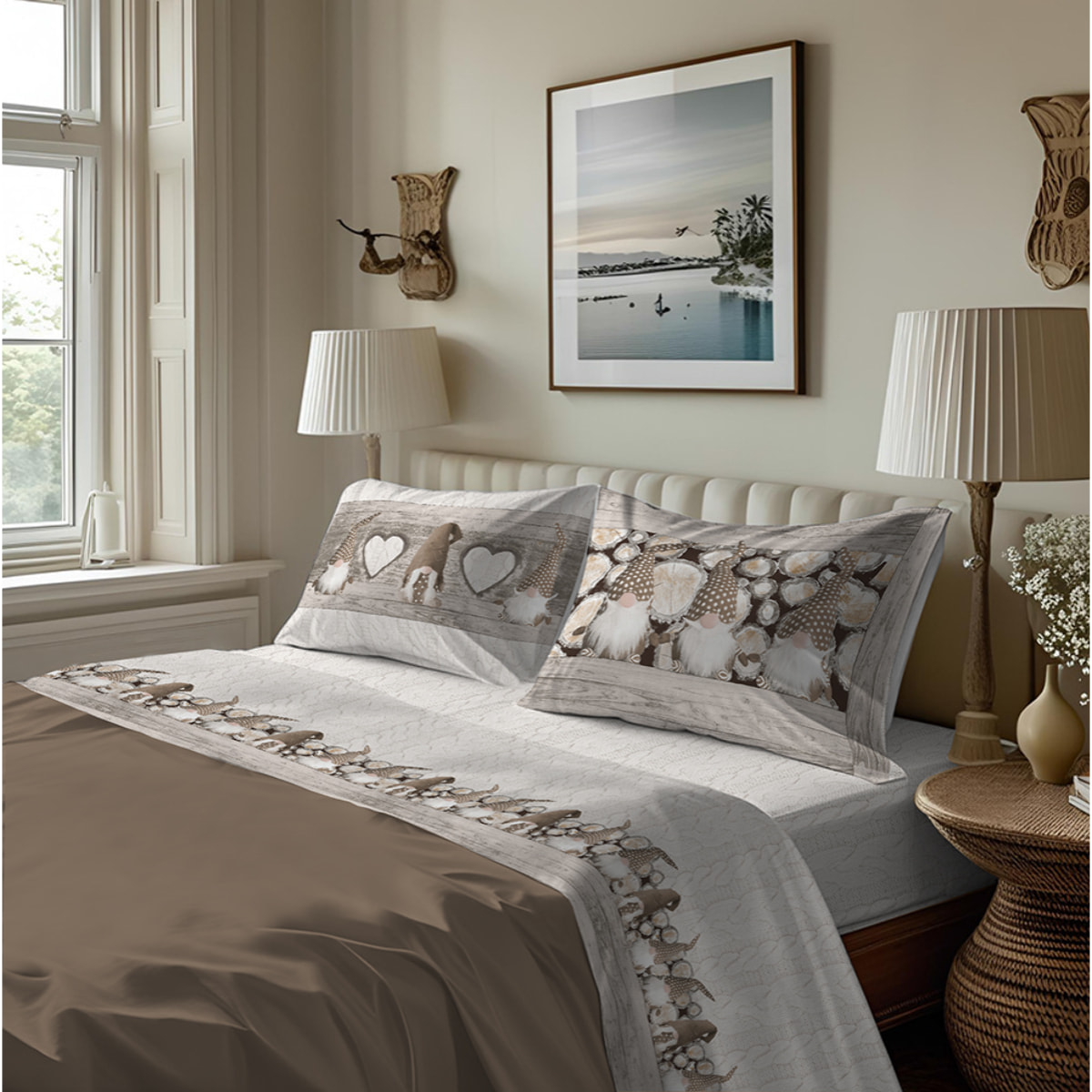 Completo letto in flanella gnomi beige