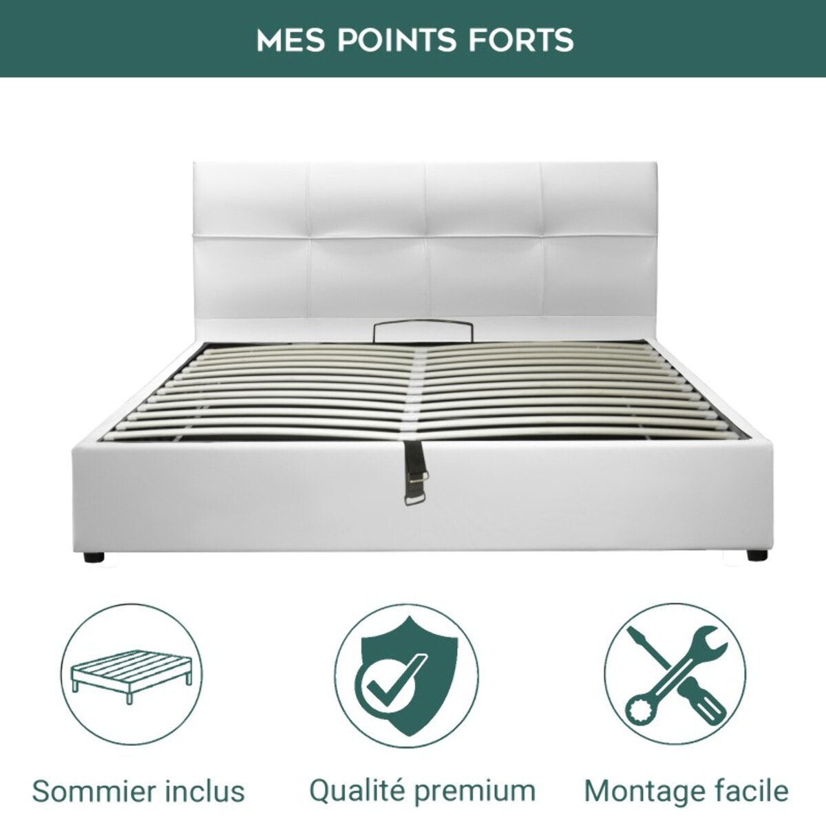 Lit coffre Macao avec tête de lit | Espace de Stockage jusqu'à 900 L | Robuste et Large Angle d’Ouverture | Simili Cuir | Blanc