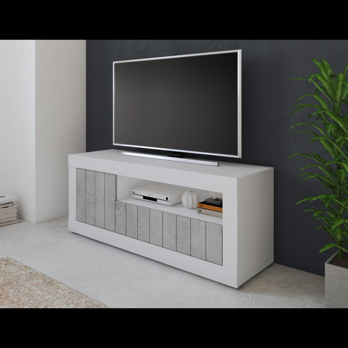 Mobile TV Basso In Melaminico Con Anta Laterale E A Ribalta Vano Giorno Ripiani Interni Soggiorno Salotto 136.9x41.8x56 Cm Bianco Grigio Cemento