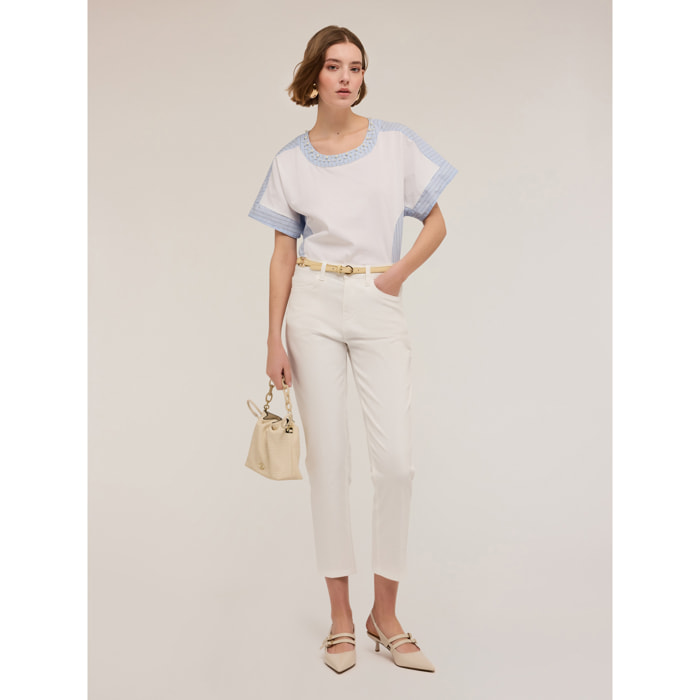 Motivi - Camiseta bimatérica con bordado de perlas - Blanco