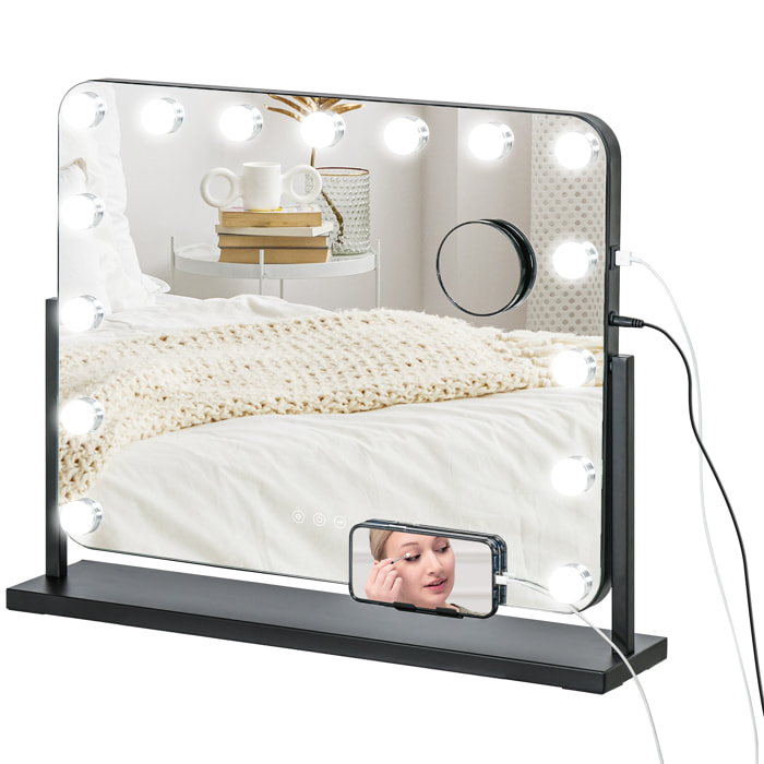 Hollywood Espejo de Maquillaje con Luz Espejo de Tocador Giratorio 58x46 cm con 14 Bombillas LED 3 Modos de Iluminación Ajustables Interruptor Táctil Soporte para Teléfono y Puerto USB Negro