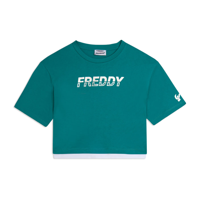 T-shirt cropped con inserto a contrasto e logo perlato