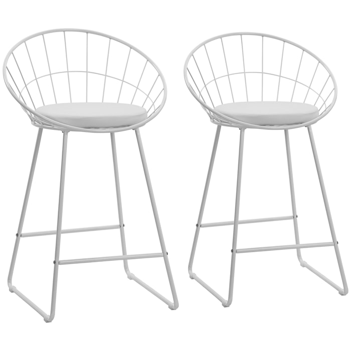 Lot de 2 tabourets de bar 65cm en métal blanc et coussin blanc ALEX