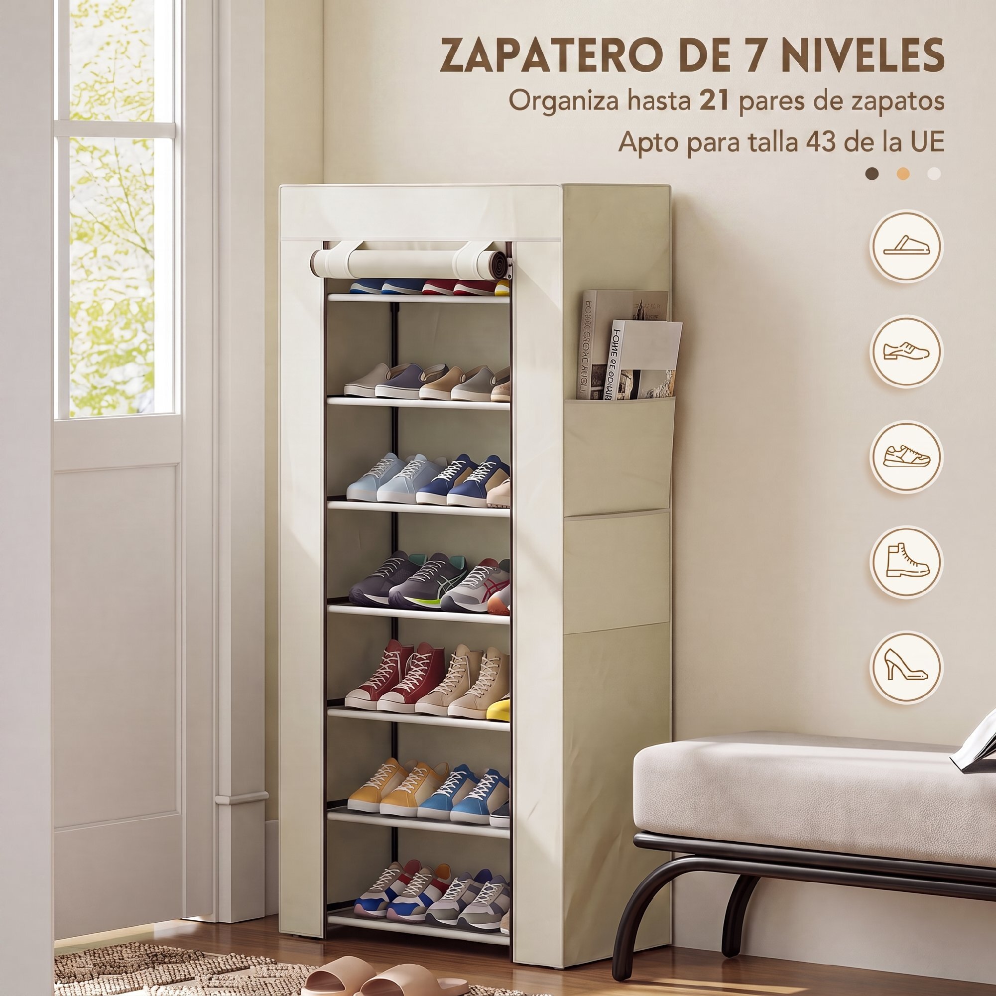 HOMCOM Zapatero de 7 Niveles, Zapatero Estrecho de Acero con Funda de Tela no Tejida, 2 Bolsillos Laterales, Estantería para 14-21 Pares de Zapatos, para Recibidor, Entrada, Pasillo, Beige