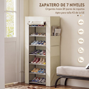 HOMCOM Zapatero de 7 Niveles, Zapatero Estrecho de Acero con Funda de Tela no Tejida, 2 Bolsillos Laterales, Estantería para 14-21 Pares de Zapatos, para Recibidor, Entrada, Pasillo, Beige