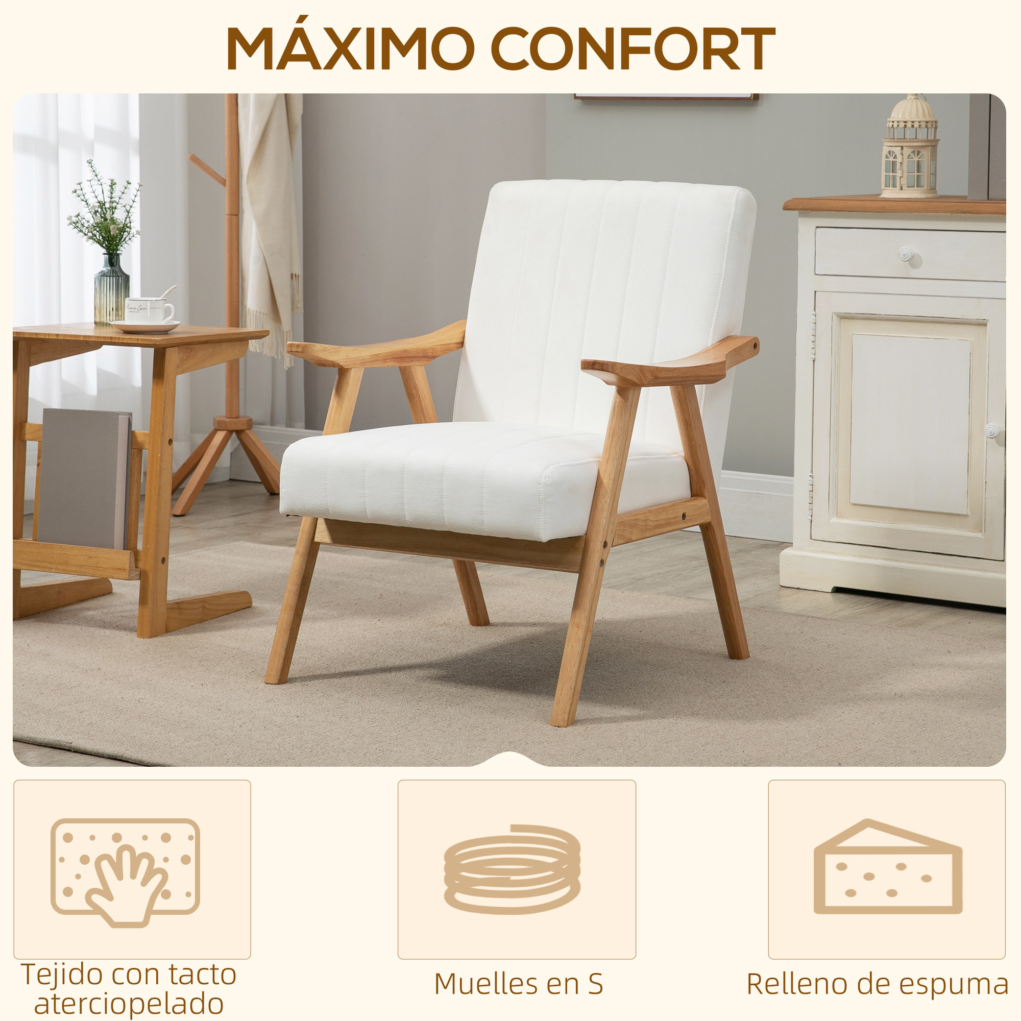 Butaca de Salón Sillón Relax Estilo Nórdico Tapizado en Terciopelo con Asiento y Respaldo Acolchados Patas de Madera para Oficina Dormitorio 68x74x82 cm Crema