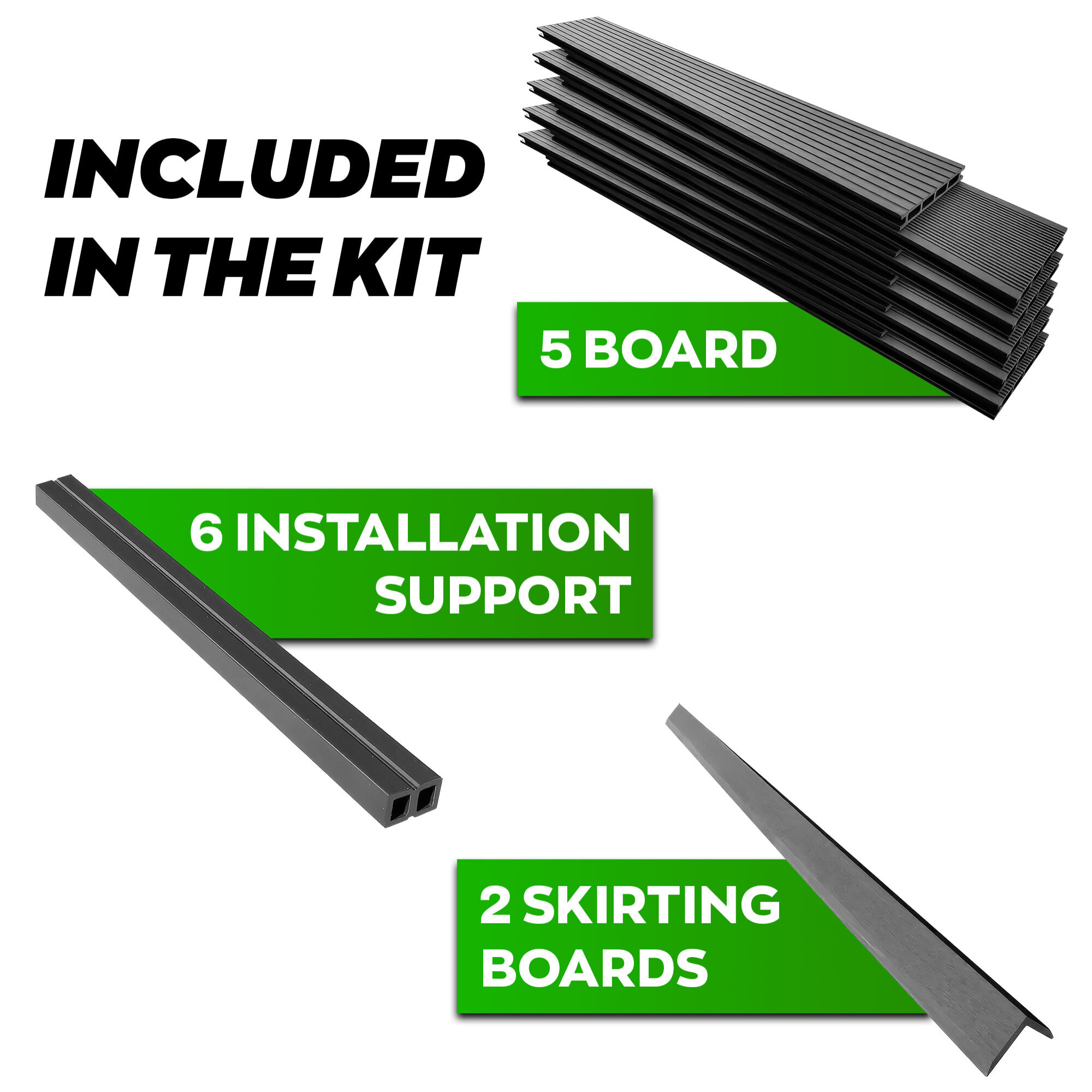 Kaido - Set di 5 Doghe Pavimento da Esterno 150x75 cm per Giardino Patio Terrazza in WPC Nero