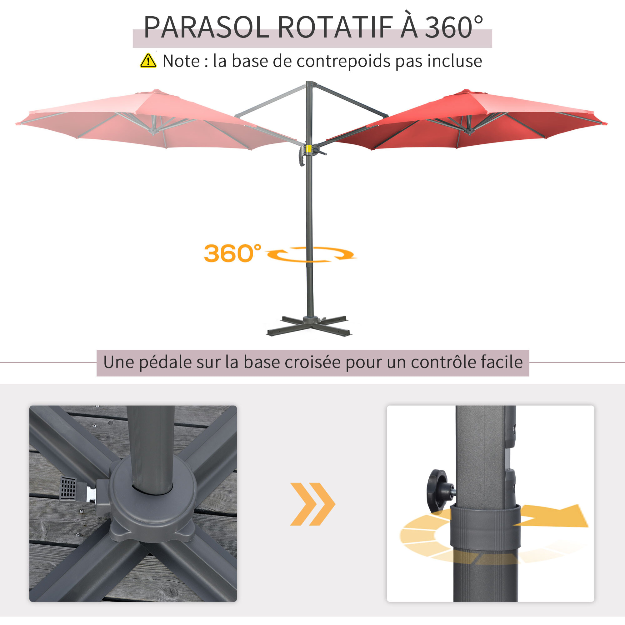 Parasol déporté octogonal inclinable manivelle avec pied en acier Ø 2,94 x 2,48H m rouge