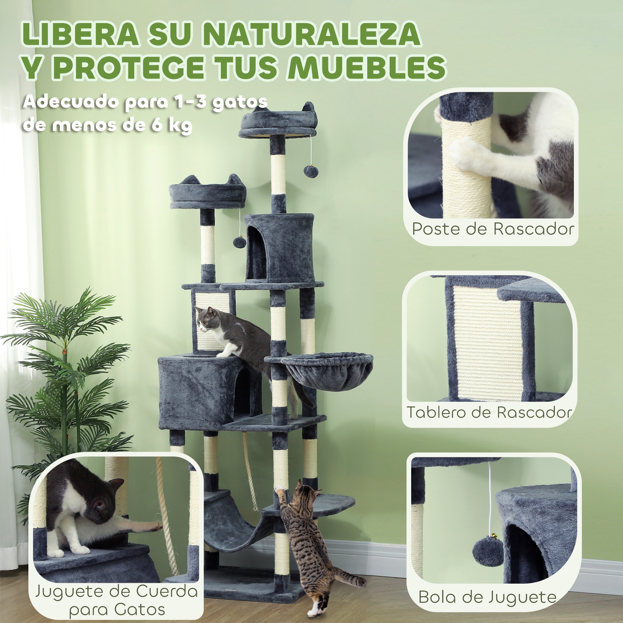 Rascador para Gatos Grande Altura 206 cm Árbol para Gatos Torre de Escalera con Plataformas Cuevas Bolas Colgantes y Hamacas Gris Oscuro