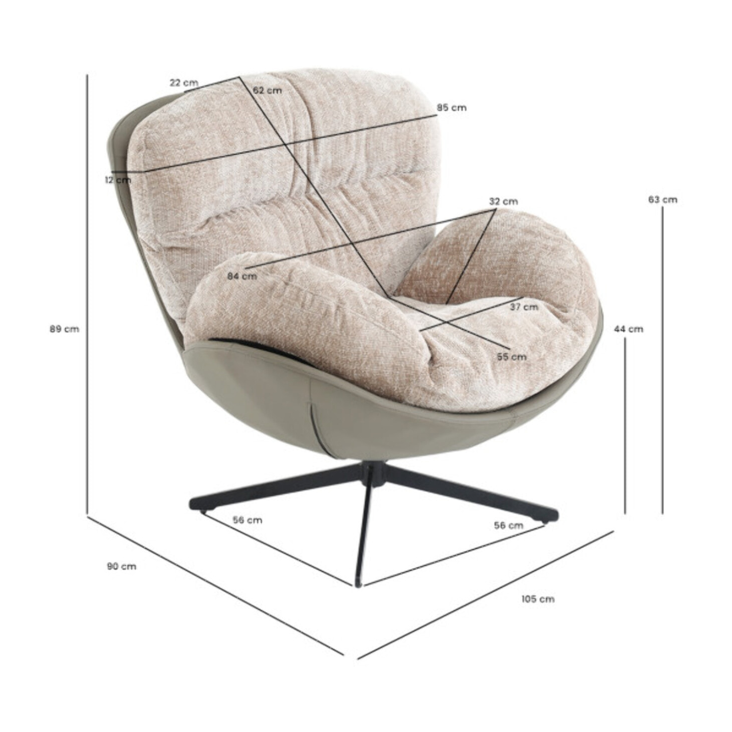Fauteuil rotatif 360° tissu doux avec simili et pieds métal - DOUDOU