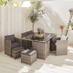 Table de jardin encastrable résine + 10 assises - Vabo - Coloris Nuances de gris. Coussins gris chiné. table encastrable.