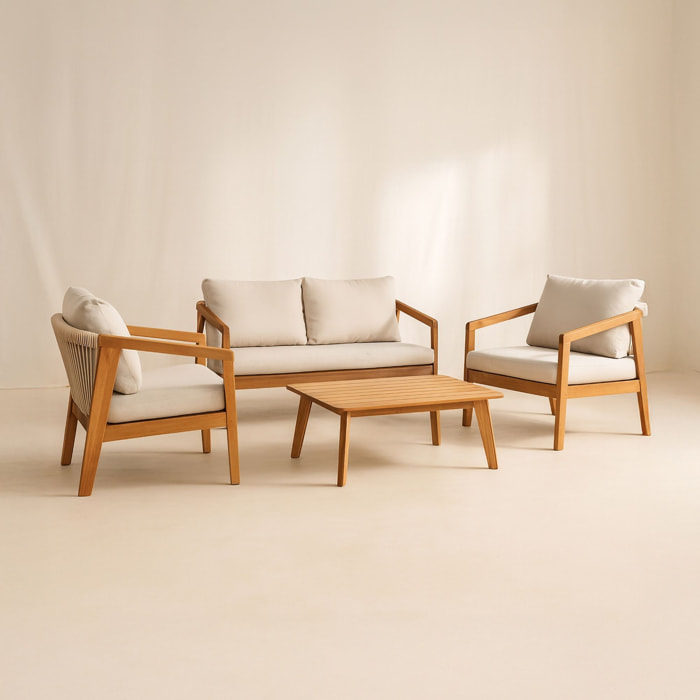 Salon de jardin 4 places en bois d'acacia et coussins beige FIDJI
