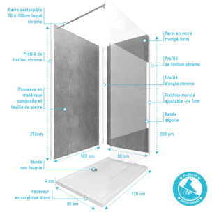 Panneaux Muraux Silver Grey 90+120x210 - Receveur 120x90 - Paroi 8mm Dépolie 120x200 + Bras