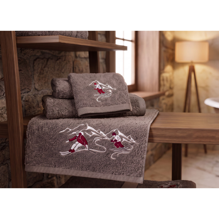 Set Asciugamano Ospite in Spugna 100% Cotone Fantasia Tirolese Natalizia Disegno Ski Grigio Scuro