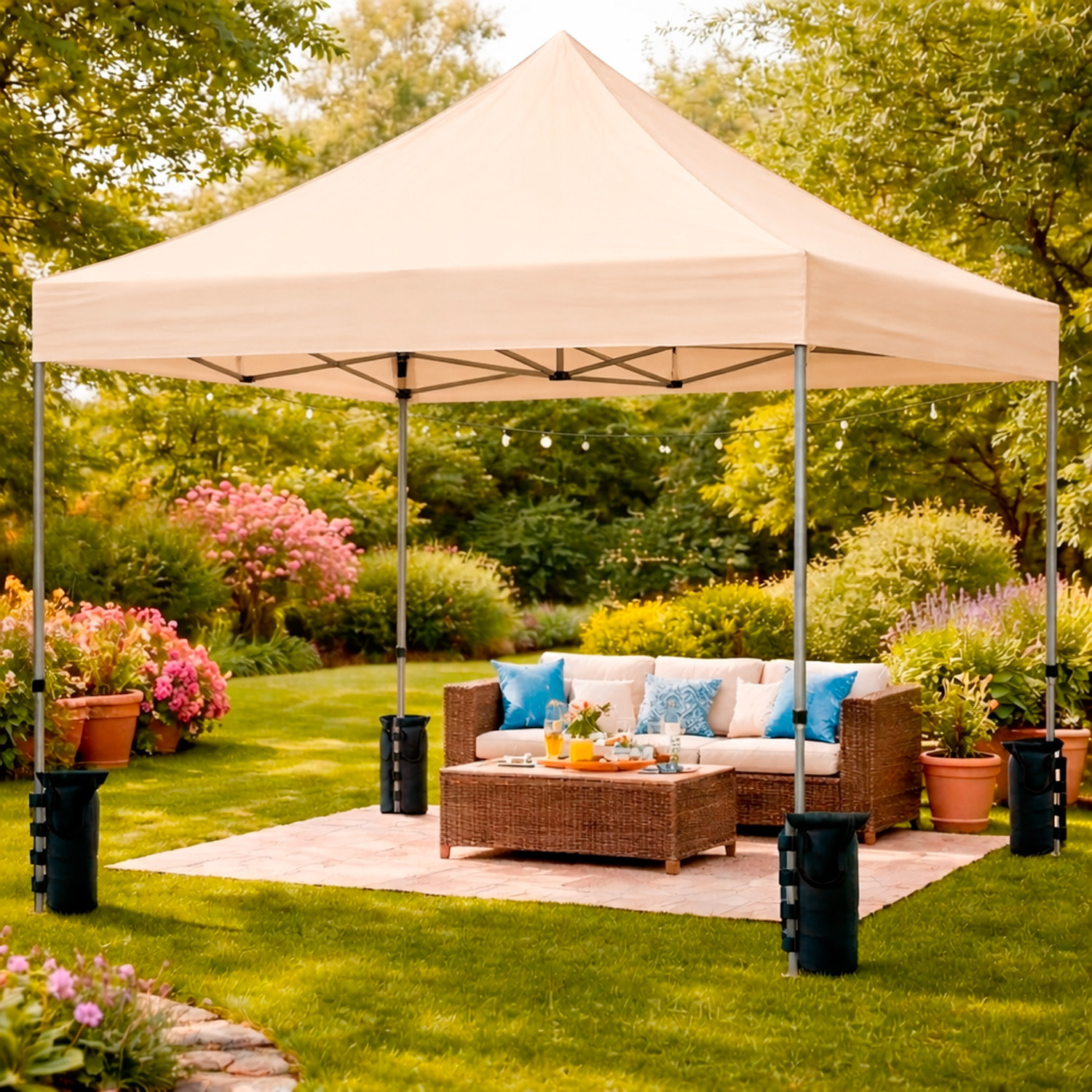 Gazebo Professionale 3x3 M Richiudibile Automatico In Acciaio Con Telo Oxford 1200D PVC Impermeabile e Anti UV A Fisarmonica con Sacche Beige