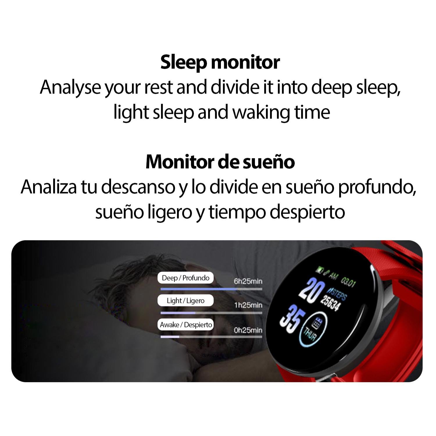 Brazalete inteligente D18 con notificaciones, monitor cardíaco, O2 en sangre, pulso y modo multideporte