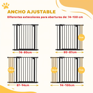 Barrera de Seguridad para Perros Extensible 74-100 cm, para Puertas y Escaleras, Barrera para Perros Medianos, Cierre Automático Montaje a Presión Doble Bloqueo 2 Extensiones 7/14 cm, Negro