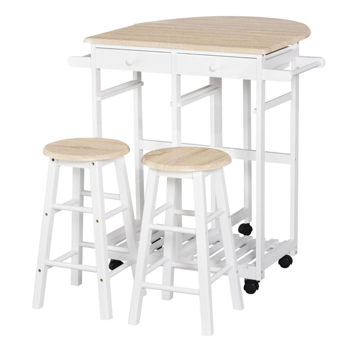 Ensemble table de bar pliable sur roulettes avec étagère et 2 tiroirs + 2 tabourets bois pin MDF blanc chêne clair
