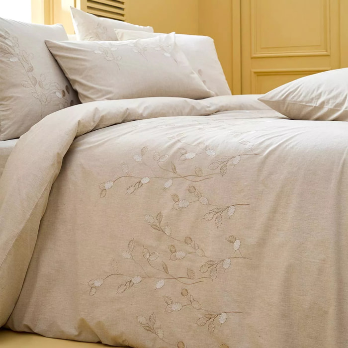 Housse de couette pur coton lavé tissé teint brodé beige Monnaie du pape naturel