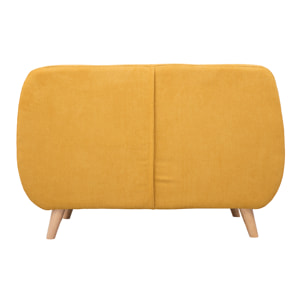 Canapé scandinave déhoussable 2 places en tissu effet velours jaune moutarde et bois clair YNOK