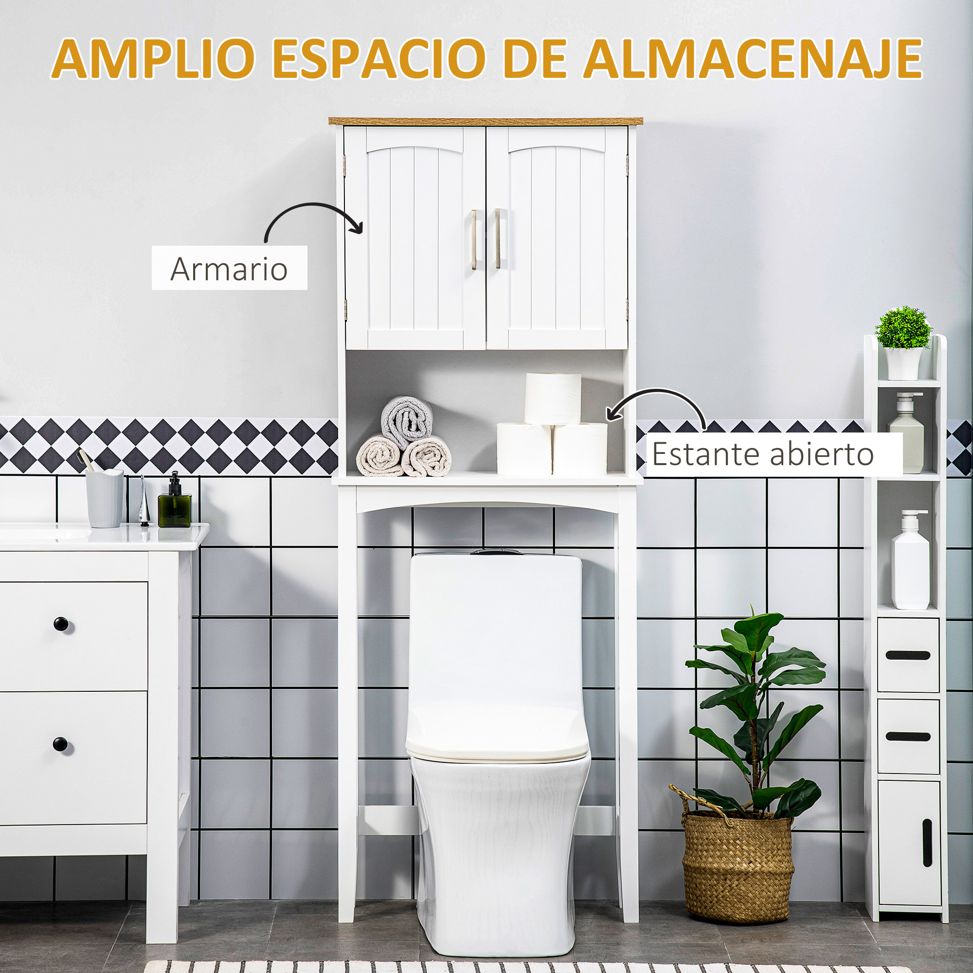 Mueble sobre Inodoro con 2 Puertas Balda Ajustable Estante para Baño 64x22x165cm