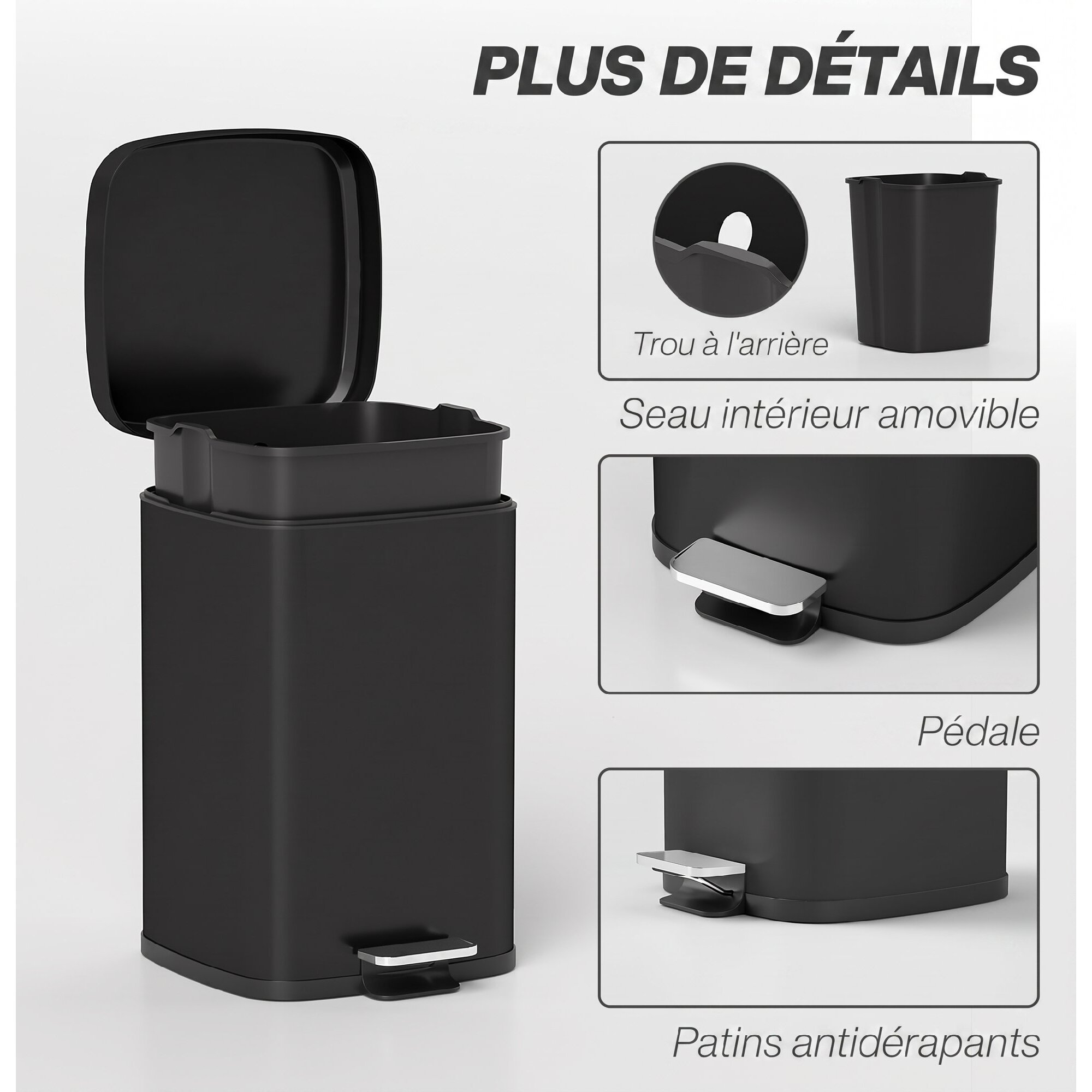 Poubelle de cuisine 20L - poubelle à pédale acier inox noir