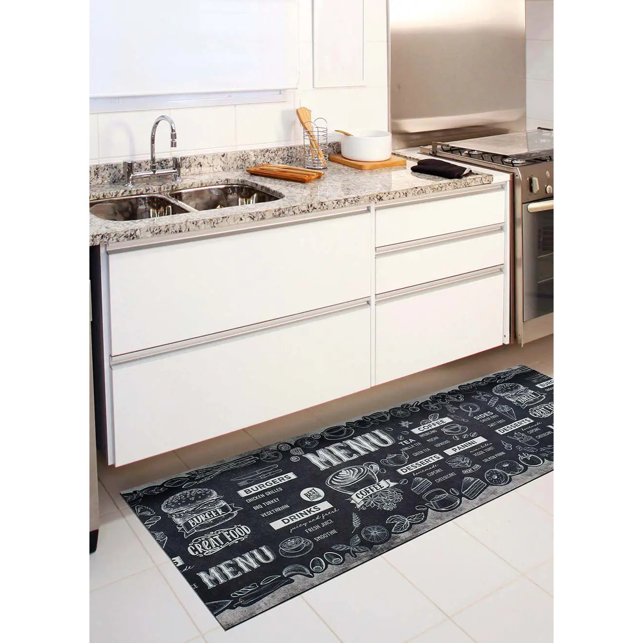 RICCI Alfombra vinílica de cocina diseño de menús en negro, varias medidas disponibles.